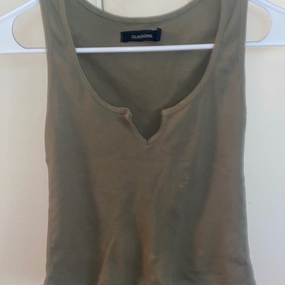 Army green cropped tank top with v cut out of neckline